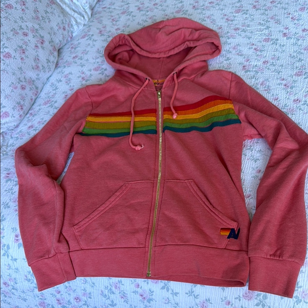 Aviator Nation Pink Hoodie with Rainbow Stripes